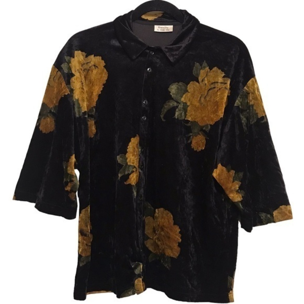 KWEEJIBO Velvet Yellow Rose Button Down Top